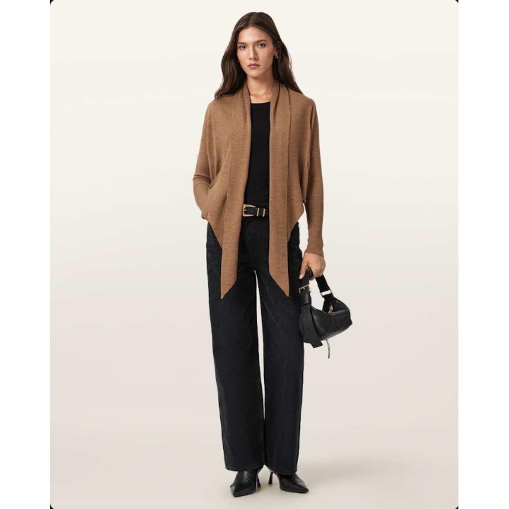 AllSaints S 100% Merino Wool Wasson Pirate Cardigan Quiet Luxury Oatmeal Minimal